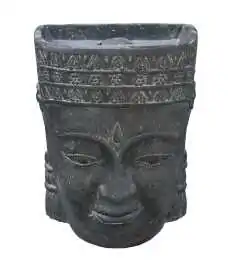 Khmer-head as water feature, 67cm height, cast stone, hollow, handcrafted & coloured 
